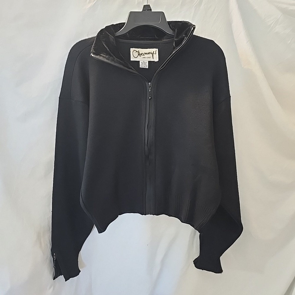 Vtg Obermeyer Wool Blend Zip-up Cardigan Sweater Black XL Velvet Collar Cuff Zip
